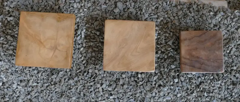 Product image 1 of the product “Low Stool made from teak root wood, Set of 3. Sizes: L: 20x20x7cm H. M:18x18x7cm H. S: 15x15x7cm H. ”